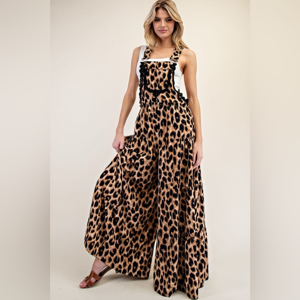 Cheetah Print Tiered Wide Leg Overalls - eesome - Picture 6 of 8